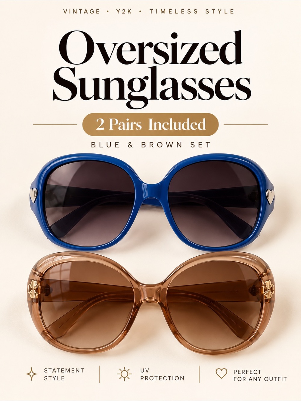 Y2K Oversized Sunglasses Bundle (2 Pairs) Blue & Brown Vintage Butterfly